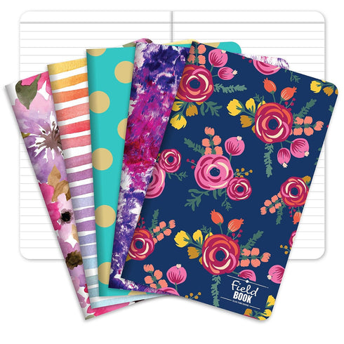 Elan Publishing Company Field Notebook, 5"x8", Assorted Patterns, Lined Memo Book, Pack of 5 for Writing