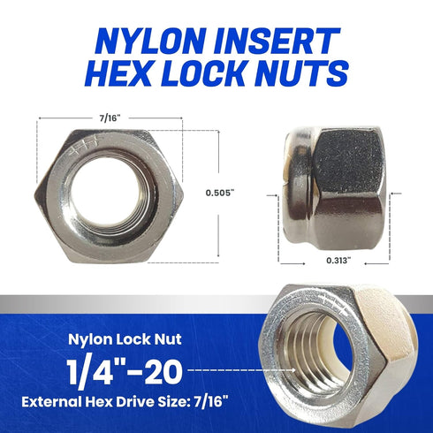 Fastenere 1/4"-20 (100-Pack) 18-8, Nylon Insert Hex Lock Nuts - Stainless Steel Plain Finish, Corrosion-Resistant