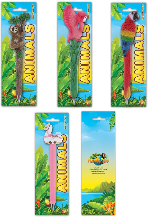 Bundle of Sloth, Llama, Tropical Flamingo, & Red Parrot Novelty Pens – Colorful Tropical Animals Writing Pens for