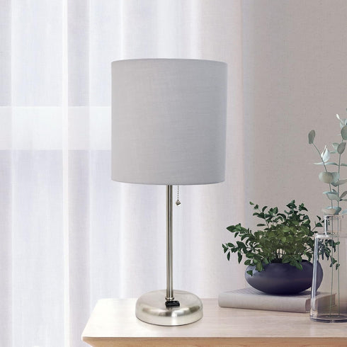 19.5" Oslo Contemporary Bedside Power Outlet Base Standard Metal Table Desk Lamp in Brushed Steel with Gray Drum Fabric