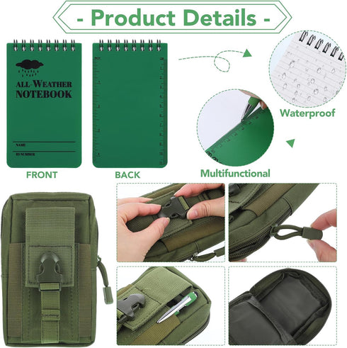 Prudiut 3 Pcs Waterproof Notebook with Tactical Cover, Weatherproof Pen, 3 x 5 Inch Pocket Notepad for Outdoor Records