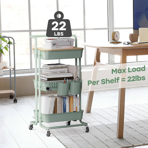DTK 3 Tier Utility Rolling Cart with Cover Board, Turquoise, Rolling Storage Cart with Locking Wheels, 2 Small Baskets