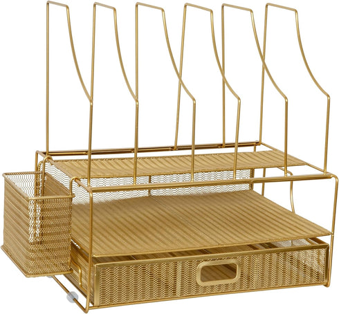 Martha Stewart Ryder Gold Mesh Metal Large Desktop Organizer - Paper File Letter Holder with Drawer