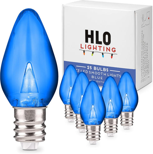 Holiday Lighting Outlet LED C7 Blue Replacement Christmas Light Bulbs, E12 Sockets, Energy Efficient, Pack of 25