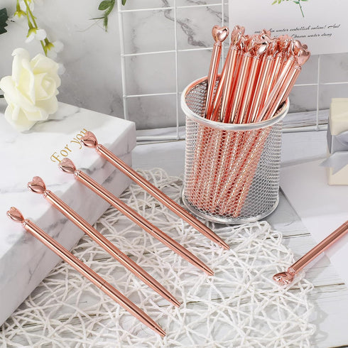 Thenshop 24 Pcs Heart Shaped Pens Retractable Metal Cute Pens 1.0 mm Black Ink Ballpoint Decorative Pens Engagement Gifts for Women School Office Wedding Bridal Shower Baby Shower (Rose Gold)