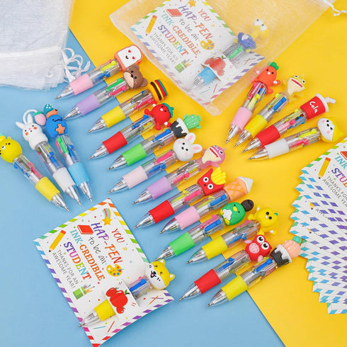 CZWZ 30 Set 4-in-1 30 Cute Multicolor Pens in One Fun Pens Bulk with Gift Cards for Kindergarten Party End of Year