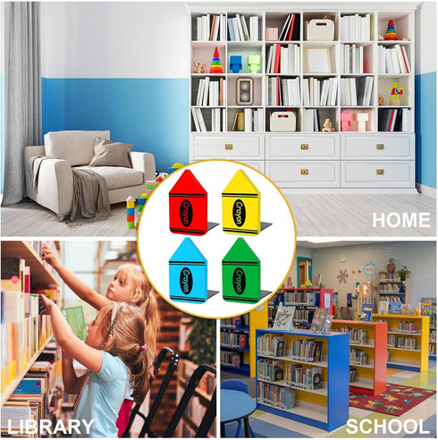 4Pcs FYSUIMU Back to School Wood Bookends Non Skid Book Stoppers Colorful Crayon Shape Wooden Book Stands for Heavy