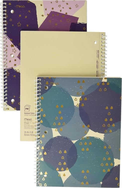 Mead Spiral Notebooks, 1 Subject, College Ruled, 70 Sheets, 10-1/2" x 7-1/2", Shape It Up, Design May Vary, 3 Pack