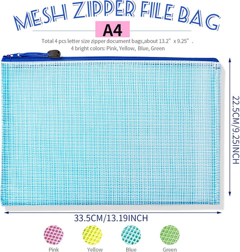 LEOBRO 4 Pack Mesh Zipper Pouch, 13.2"x 9.2" A4 Letter Size Mesh Bags with Zipper, Plastic Envelopes Zip File Document Bags, Storage Bags for Organization Puzzles Travel, File Jackets & File Pockets by LEOBRO