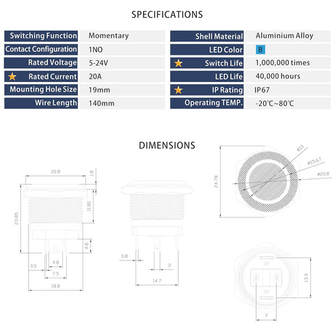 LED Momentary Push Button Switch, Aluminum Alloy, IP67 Waterproof 5-24V 20A 1NO with Wire Socket Plug