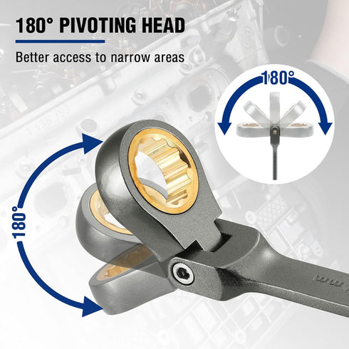 WORKPRO 14 mm Flex-Head Ratcheting Combination Wrench, 72-Teeth, Cr-V Constructed with Nickel Plating