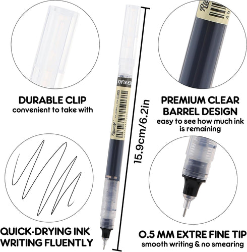 RIANCY 12 Pack Black Liquid Ink Rollerball Gel Pens, 0.5mm Extra Fine Point, Quick Drying for Journaling & Art