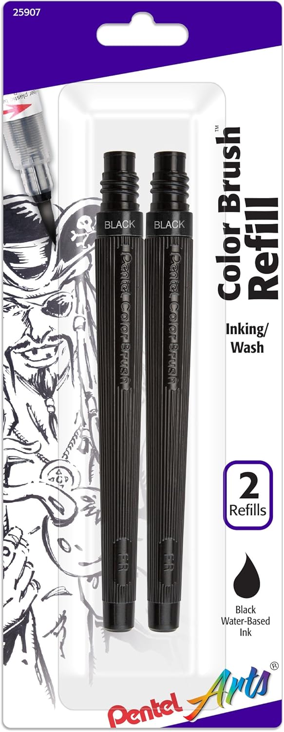 Pentel Arts Color Brush Refills, Black Ink, Pack of 2