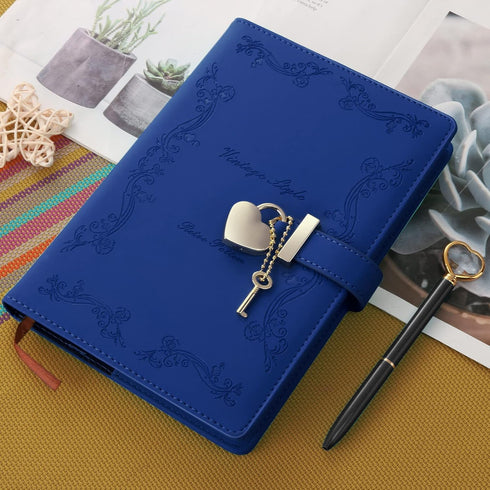A5 Girls Diary with Lock and Key, Cute Heart Shaped Lock Journal for Women, Refillable Vintage Secret PU Leather