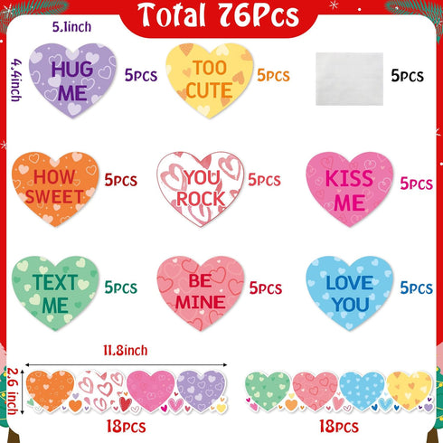 Haooryx 76Pcs Sweet Conversation Heart Cutouts Bulletin Board Set Valentine's Day Candy Heart Paper Cut-Outs Border Trim Bulletin Cardboard for Valentines Party School Home Blackboard Door Wall Decor