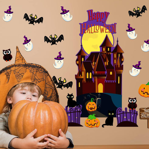 Spiareal 42 Pieces Halloween Cutouts, Bulletin Board Decorations with Halloween Castle, Pumpkin, Owl, Cat, Bat, Ghost