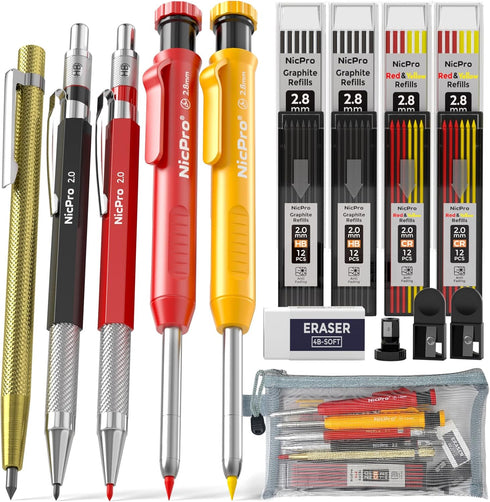Nicpro 18 Pack Carpenter Pencil Set with Sharpener, Mechanical Pencils with 76 Refills, Carbide Scribe Tool, Heavy Duty