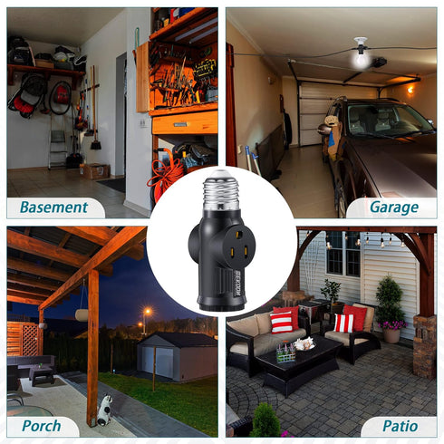 Feekoon 2 Pcs E26 Light Socket Adapter, 3 Prong Light Bulb Outlet to Plug Splitter Converter for Garage Porch (Black)
