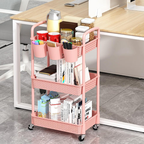 MOYIPIN 3-Tier 5 Plastic Rolling Utility Cart with Handle,Utility Storage Cart for Office, Living Room, Kitchen,Movable