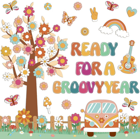 gisgfim Retro Boho Tree Bulletin Board Set, Groovy Classroom Decorations with Daisy Cutouts for Teachers