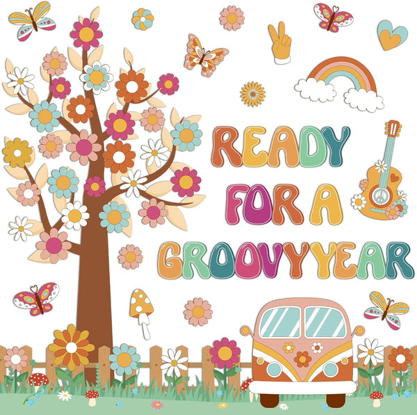 gisgfim Retro Boho Tree Bulletin Board Set, Groovy Classroom Decorations with Daisy Cutouts for Teachers
