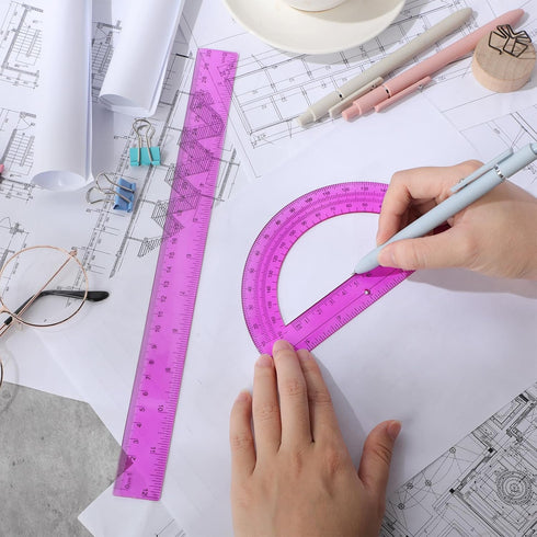 Zonon 2 Pack 12'' 6'' Set Set Plastic Ruler and Plastic Protractor Clear Ruler Protractor Math Geometry Supplies
