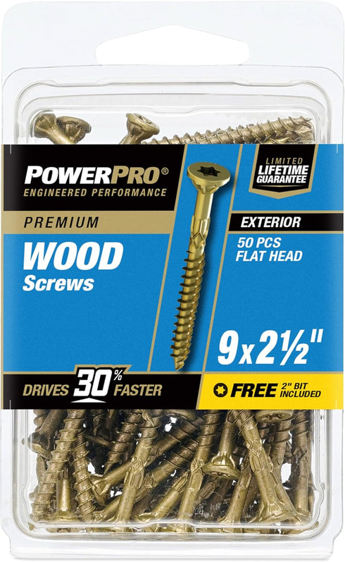 Power Pro 42481 Wood Screws - #9 x 2-1/2", Epoxy Coated, Coarse Thread, Outdoor Rust Resistant, 50pcs