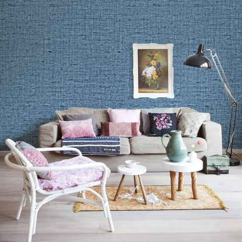 Blue Linen Peel and Stick Wallpaper for Cabinets Countertops Waterproof Grasscloth Textured Self Adhesive 78.7in