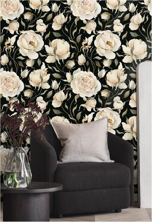 HAOKHOME 93242-1 Peel and Stick Wallpaper - Floral Vintage Roses Contact Paper Removable Black/Beige/Olive