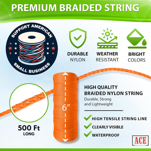 Orange Mason Line String Line - #18 Braided Nylon String - 500 Ft Length - Nylon Twine for Gardening Or Masonry Tools - Perfect Construction String for A String Level, Twine String for Gardening by ACE Supply