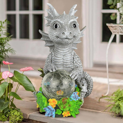 Solar Garden Outdoor Statues Dragon Holding Magic Orb with Solar LED Lights - Lawn Decor Outdoor Statue for Patio