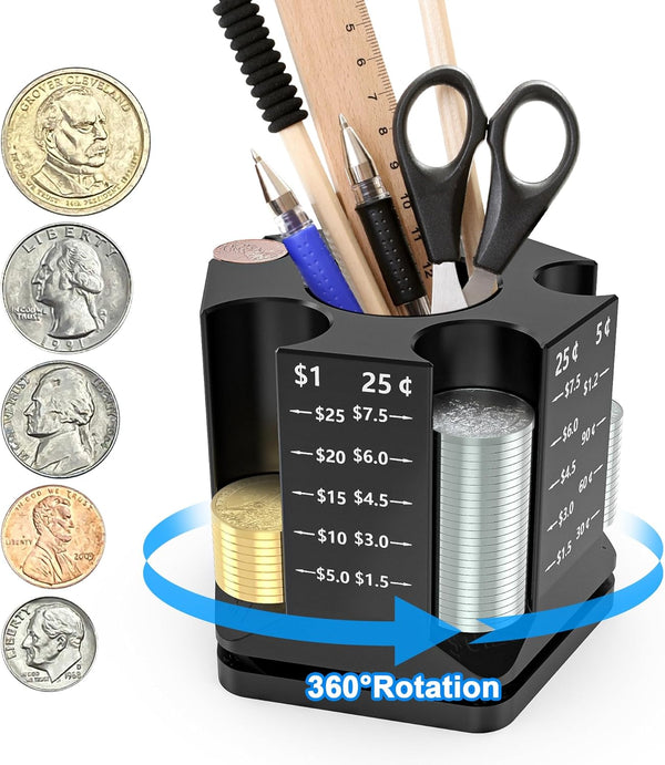 Coin Counter Coin Sorter, Creative 2 in-1 Desk Organizer, 360° Rotatable Coin Sorter & Pen Holder