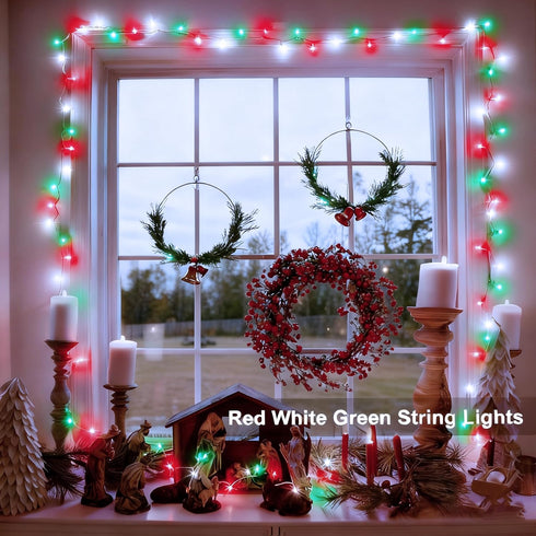 2 Pack 100 33Ft 8 Red White Green Christmas String Lights Battery Operated, LED String Lights with Timer Modes Outdoor