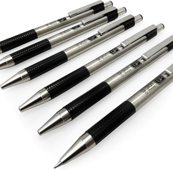 Zebra G-301 Retractable Rollerball Pen - Stainless Steel Barrel - 0.7mm Black Ink - Pack of 6