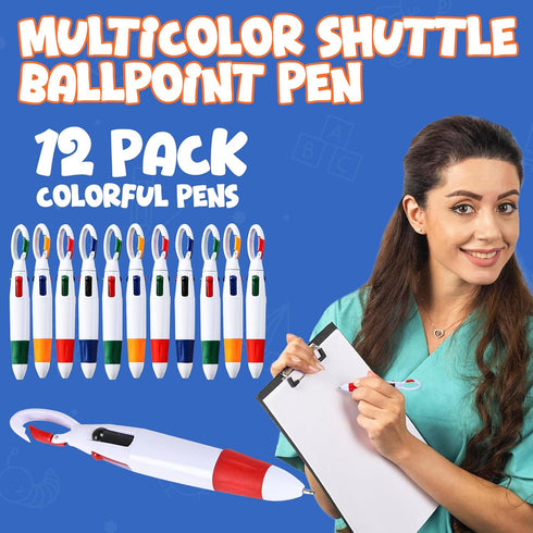 Retractable Shuttle Pens with Carabiner Clip, Pack of 12 Mini 4-in-1 Multi-Colored Ink Ballpoint Pens