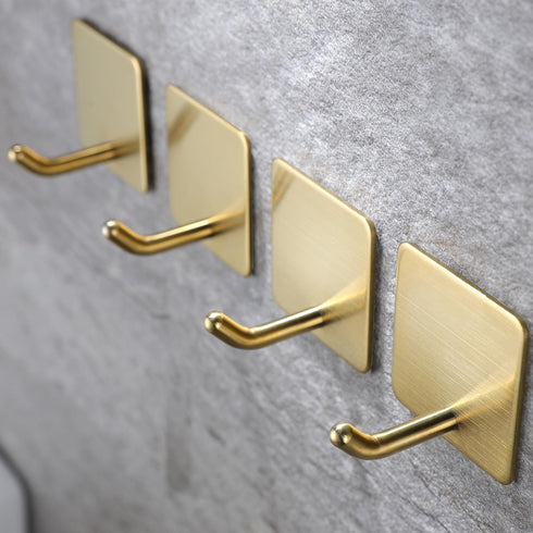 YIGII Adhesive Towel Hooks/Bathroom Hook, Gold Self Adhesive Hooks Heavy Duty Coat Hooks 4-Packs, Non-Punching for Hanging Robes Clothes Hats Stick on Kitchen Bedroom Wall Door, Stainless Steel by YIGII