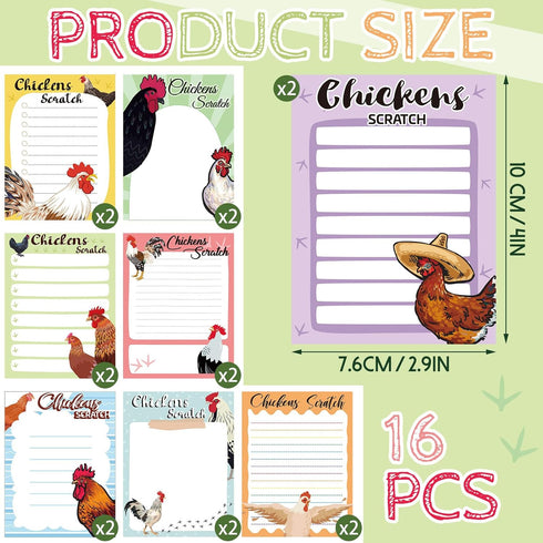 PerKoop 16 Pieces Funny Chickens Sticky to Do Notepad Chicken Scratch Chick Chicken Coop Lover Gifts Country Notebook Self Stick Note Pads for Hens Farm Lover,3 x 4 Inch 480 Pack