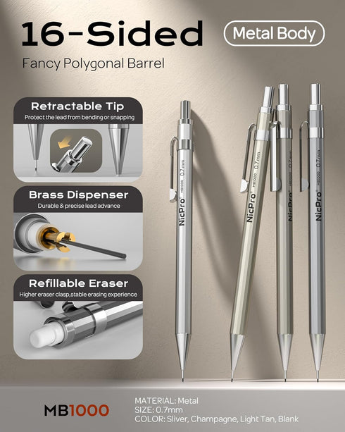 Nicpro Mechanical Pencil 0.7mm with Case, 4 Pack Metal Mechanical Pencil Set with 8 Tube HB #2 Lead Refill 0.7 mm, 3PCS 4B Eraser, 9 Eraser Refill for Artist Drafting Writing, Sketching, Drawing by Nicpro