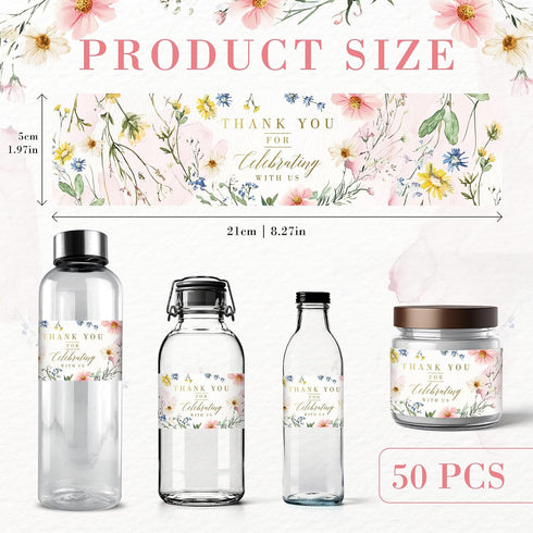 50 8.27" 1.97" Mobiusea Creation Pcs Wild Floral Water Bottle Labels x Thank You Water Bottle Wraps with Gold Foil Text