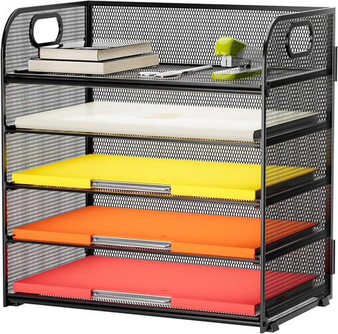 Mesh 5 Tray Desk File Organizer with Handle, Desktop Storage for Letter/A4 Office File Folder