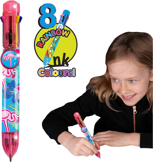 Deluxebase Flamingo Multicolor Pen - 8 in 1 Retractable Ballpoint for Kids Back to School & Office Supplies