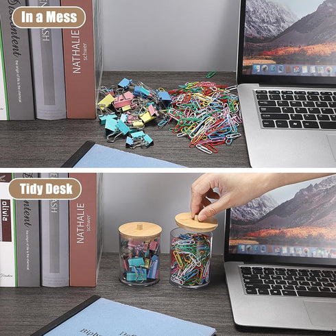 BTSKY 2 Pack Clear Paper Clip Holder with Bamboo Lid - Cute Organizer for Office Supplies and Bathroom Vanity