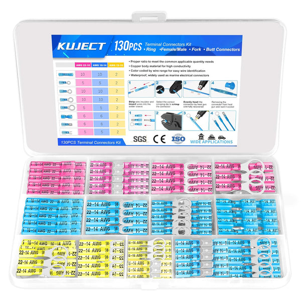 Kuject 130 PCS Heat Shrink Wire Connectors Kit - Multipurpose Waterproof Electrical Wire Terminals, Insulated Crimp