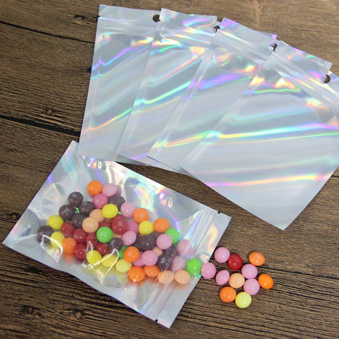 100 Pack Resealable Holographic Bags for Small Business - Iridescent Mylar Bags with Clear Front, 4 X 6 inches