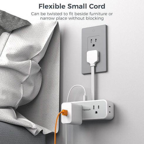 Short Extension Cord 6 inch, TESSAN Slim Flat Thin Plug Power Strip with 4 AC Outlets 3 USB (1 USB-C) Charging Ports, Small White Desk Charger, Mini Charging Station for Home Office School Dorm Room