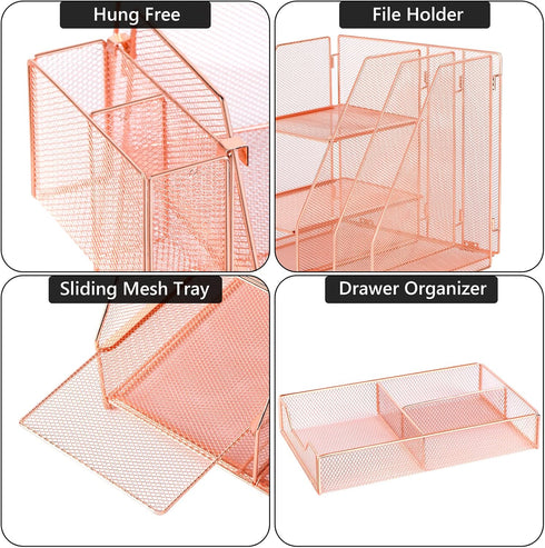 Rose Gold Desk Accessories Caddy with Sliding Drawer, Double Tray, File Organizer & Pen Holder for Office