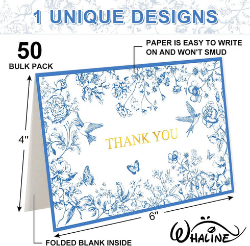50 Pack Whaline Blue Floral Gold Foil Thank You Cards Boxed Greeting Cards with Envelopes Stickers Vintage Flower Bird