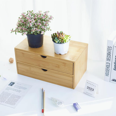 Bamboo Desk Organizer with Drawers, Countertop Makeup Storage Box with 2 Drawers for Home Office