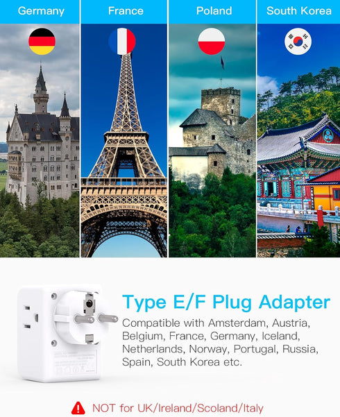 2 Pack Germany France Travel Plug Adapter, 3 Outlets with USB Ports, Type E/F