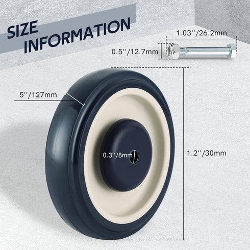 5" 4 Pack MYFULLY Shopping Cart Replacement Wheels Kit, Polyurethane Stepped and Full Tread Face Caster Wheels